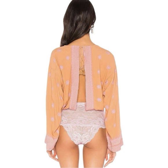 Free People On Board Bodysuit Long Sleeve Open Back Deep V Neck Pink Combo M - Picture 12 of 12